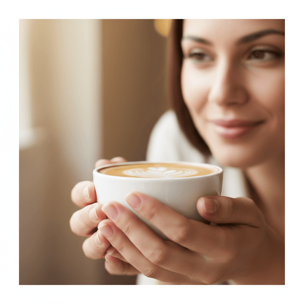 Hands with coffee cup and soft smile
