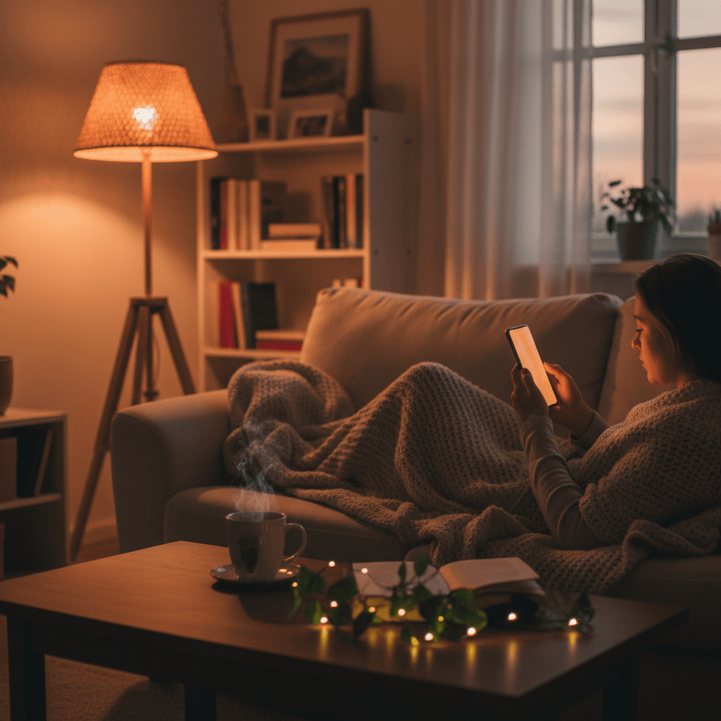 Person using phone in cozy room