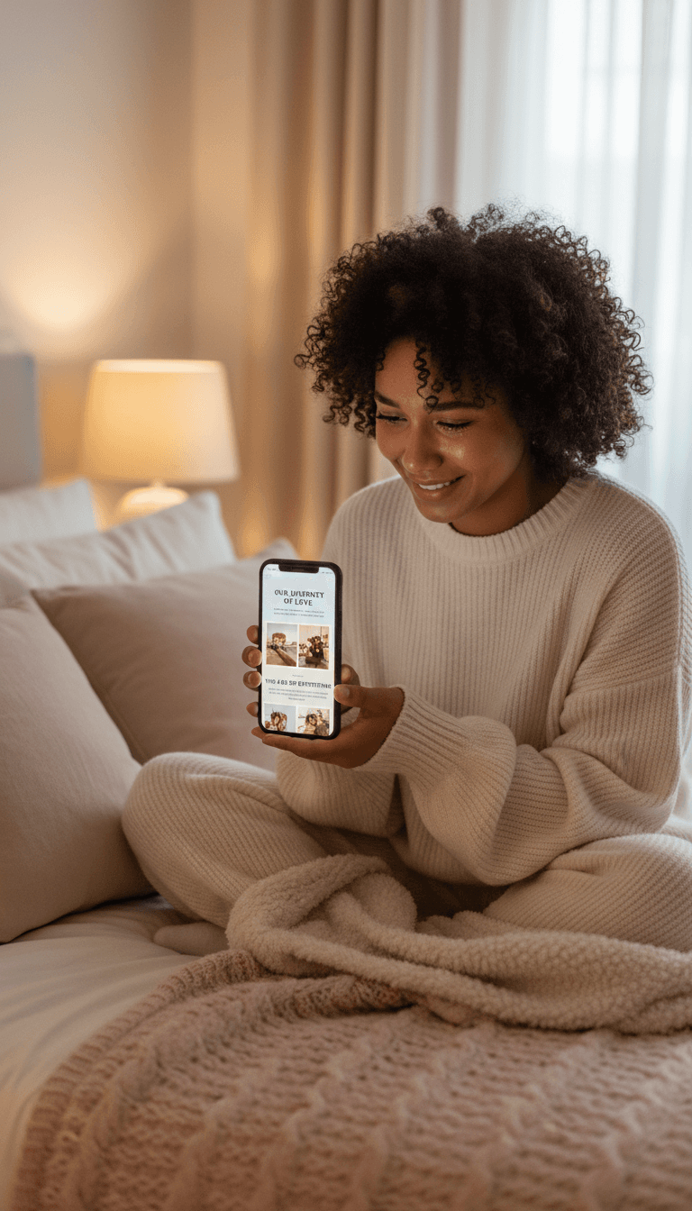 person sitting alone in cozy room with warm lighting reflecting on phone screen