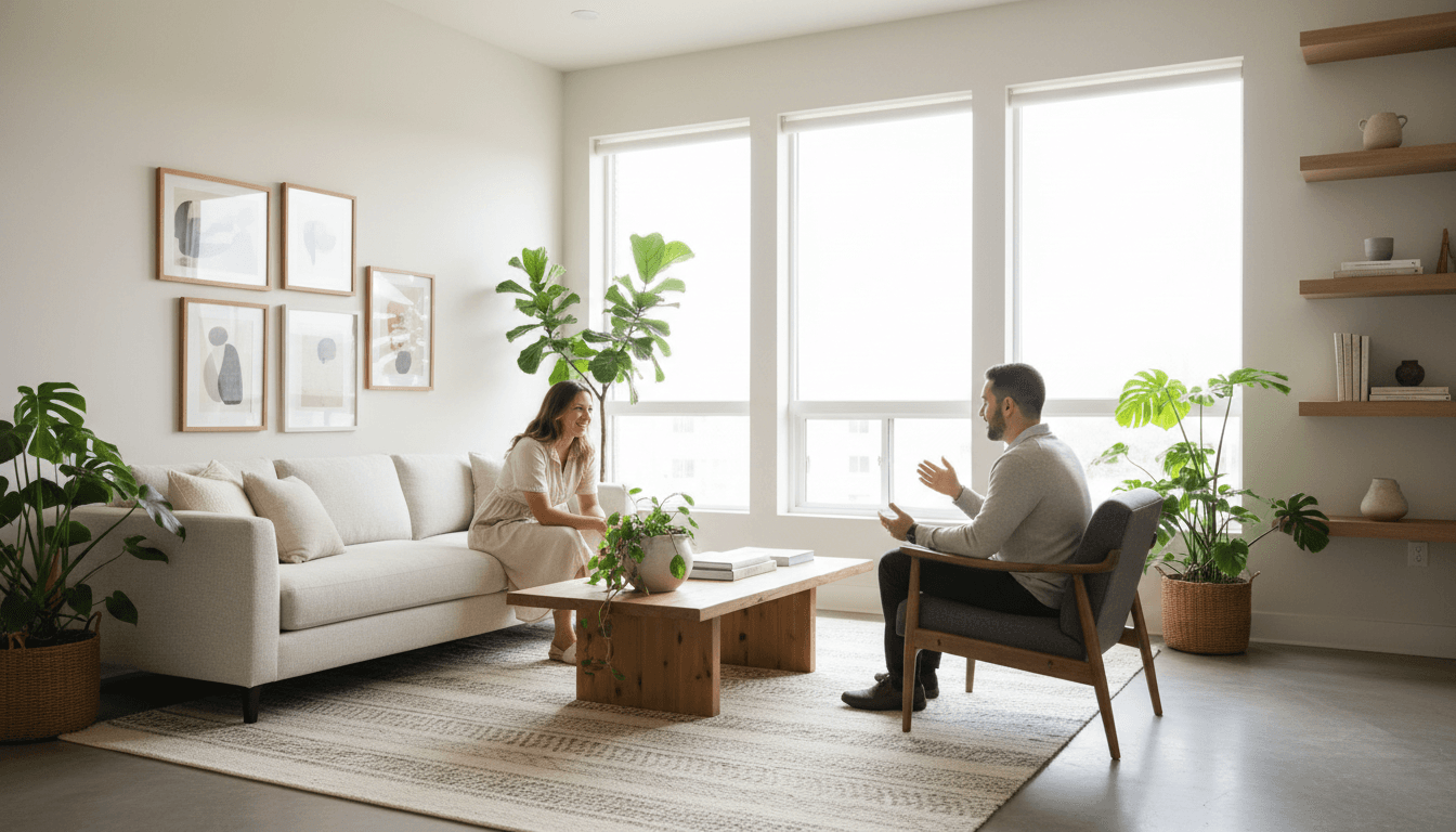 Two people having a calm conversation on a sofa