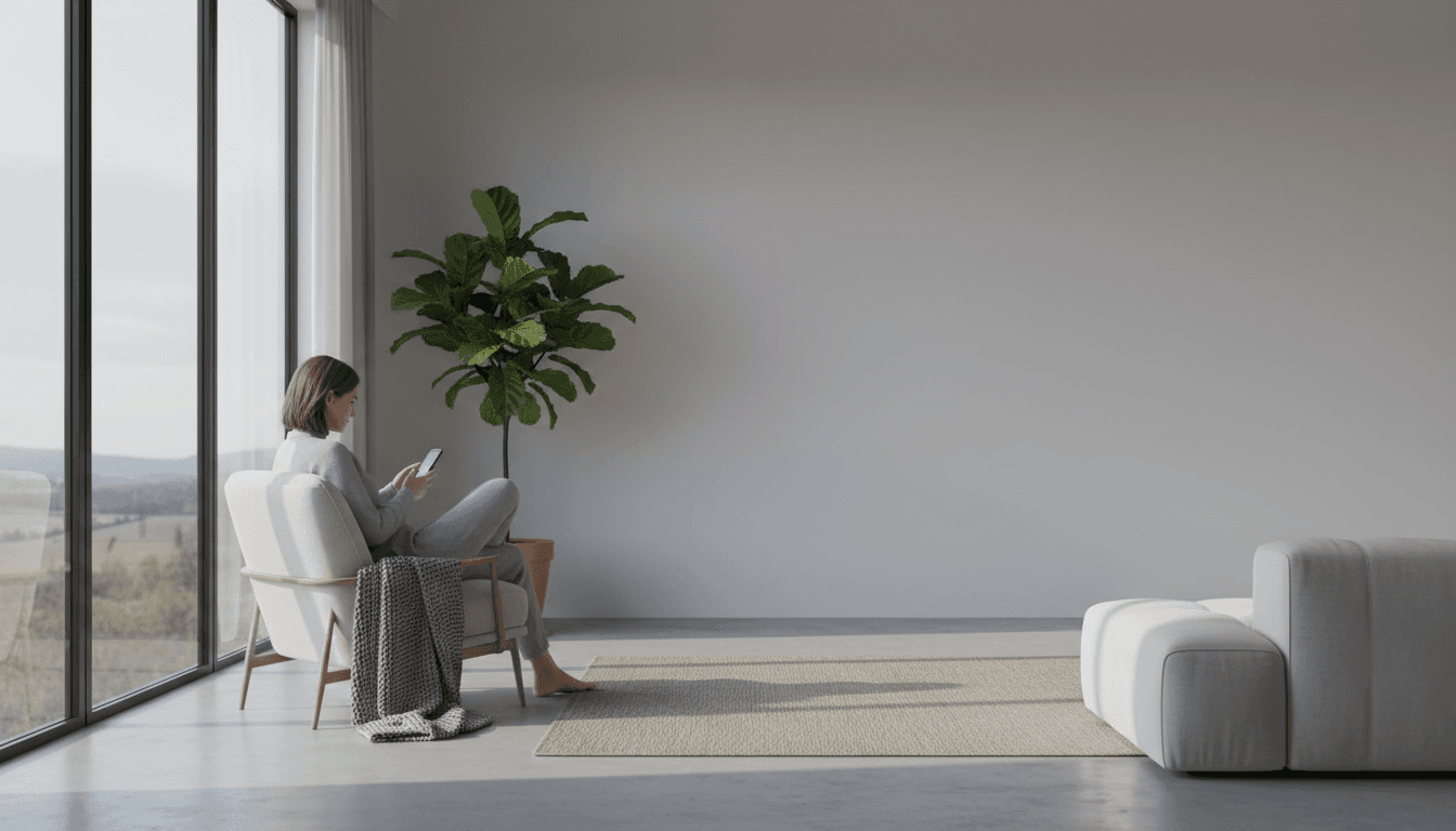 Person using phone with a warm smile in a cozy setting